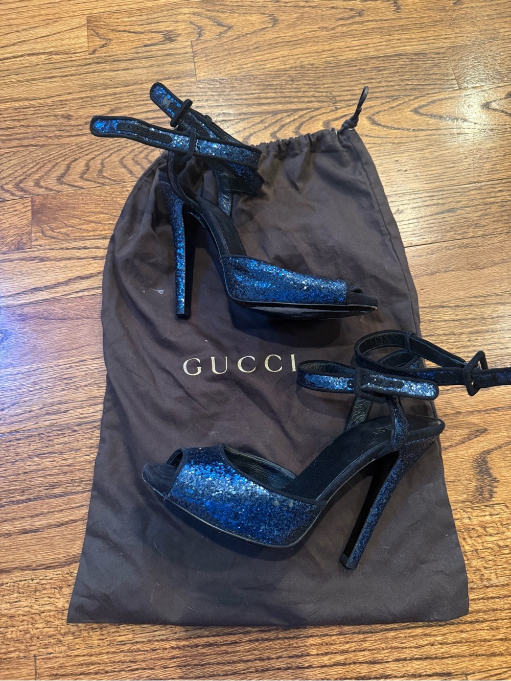 Gucci Blue Glitter Platform Ankle-Strap Heels